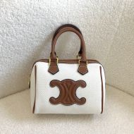 Celine Small Boston Bag in Textile with Cuir Triomphe White/Brown