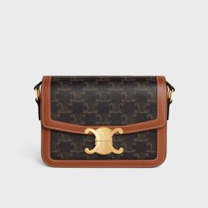 Celine Teen Triomphe Bag in Triomphe Canvas and Calfskin Brown